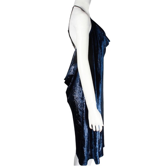 Halston Heritage Blue Velvet Metallic Shimmer Cowl Neck Strappy Back Dress 4 - Picture 6 of 16